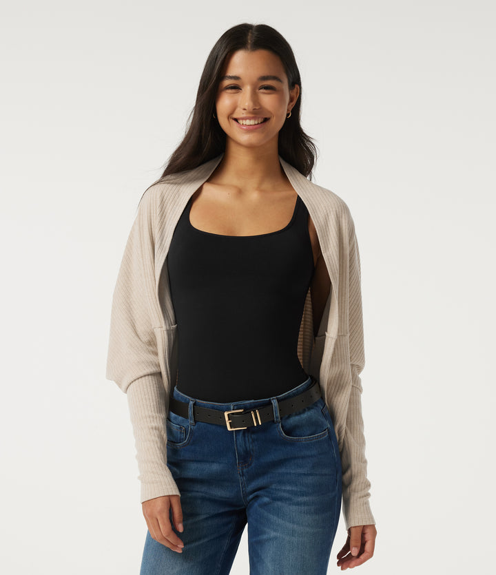 Ribbed Knit Batwing Long Sleeve Curved Hem Casual Cardigan — Fog — view 1