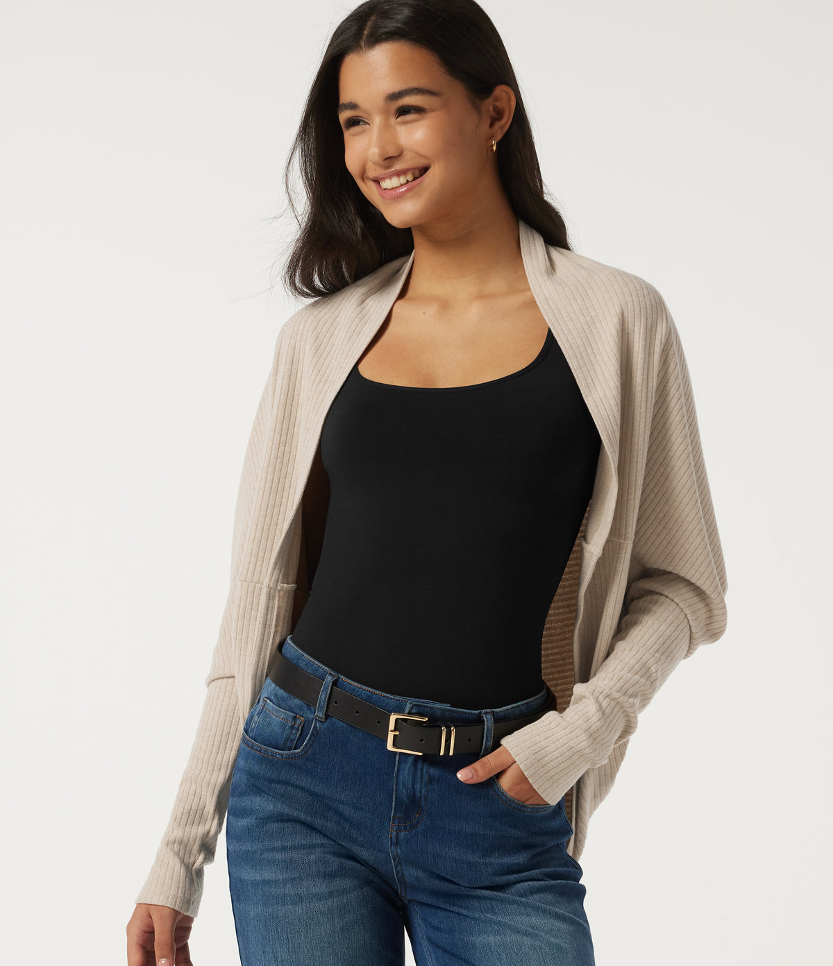 Ribbed Knit Batwing Long Sleeve Curved Hem Casual Cardigan — Fog — view 4