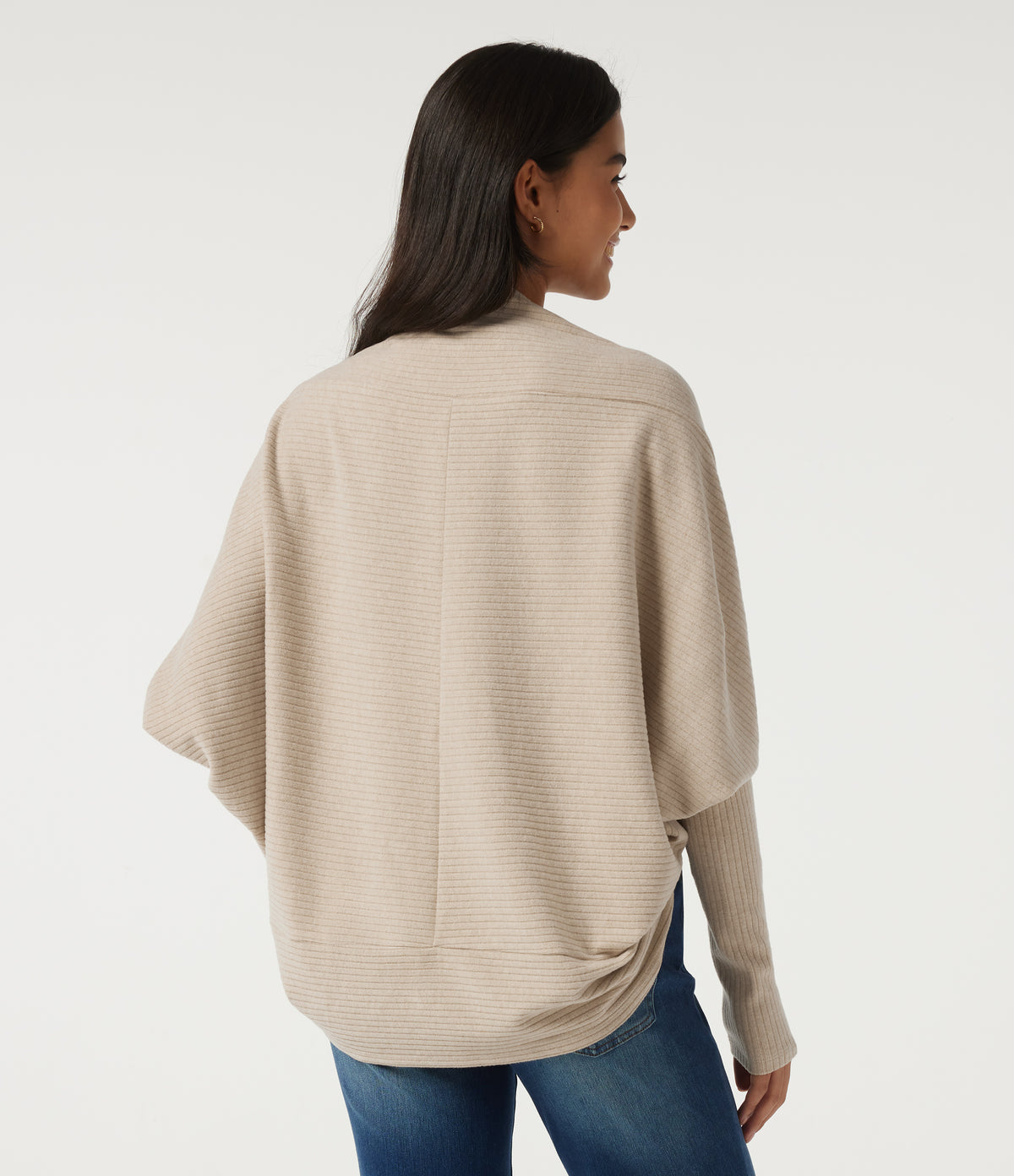 Ribbed Knit Batwing Long Sleeve Curved Hem Casual Cardigan — Fog — view 2