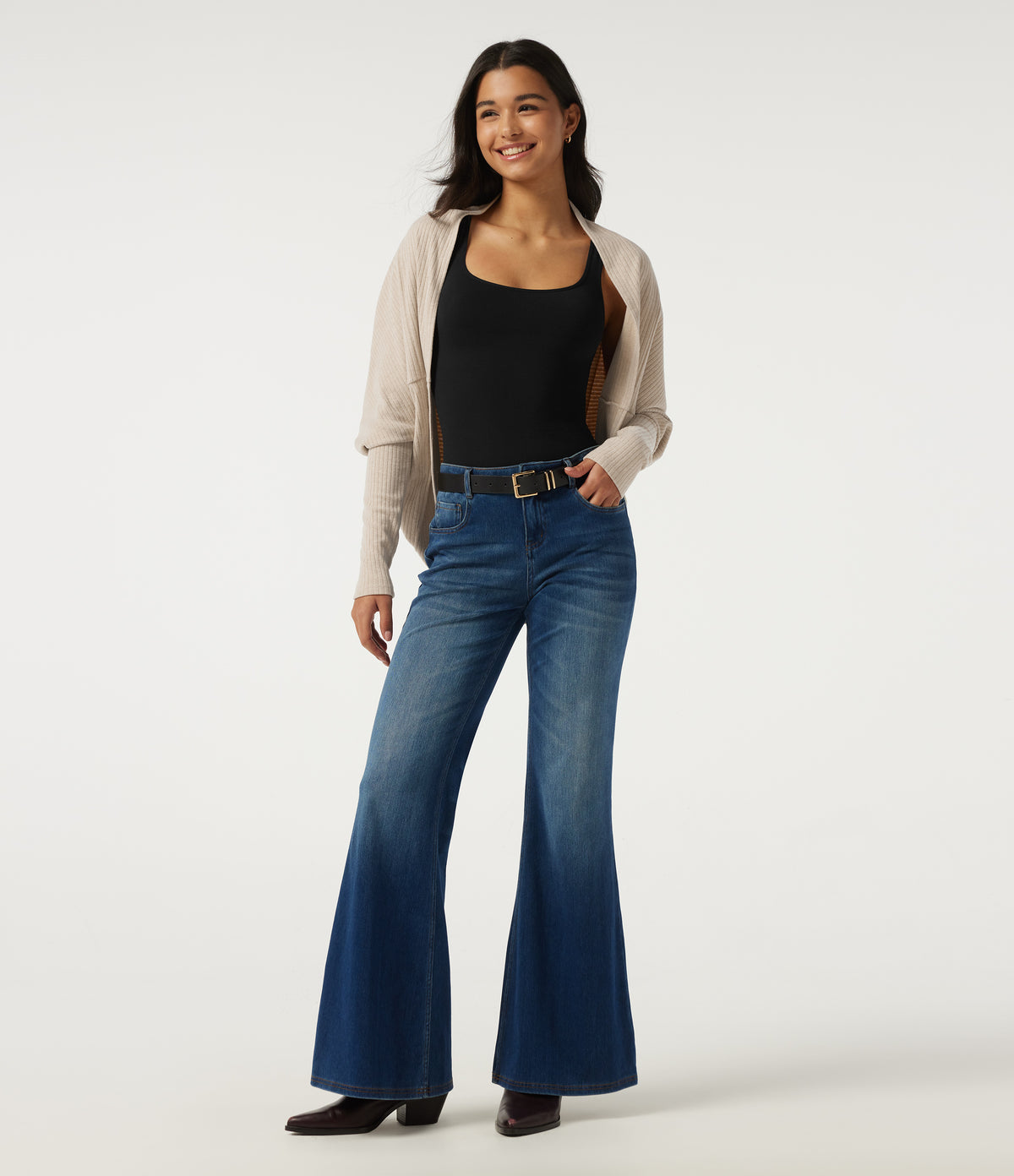 Ribbed Knit Batwing Long Sleeve Curved Hem Casual Cardigan — Fog — view 7