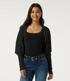 Ribbed Knit Batwing Long Sleeve Curved Hem Casual Cardigan — Black — view 9