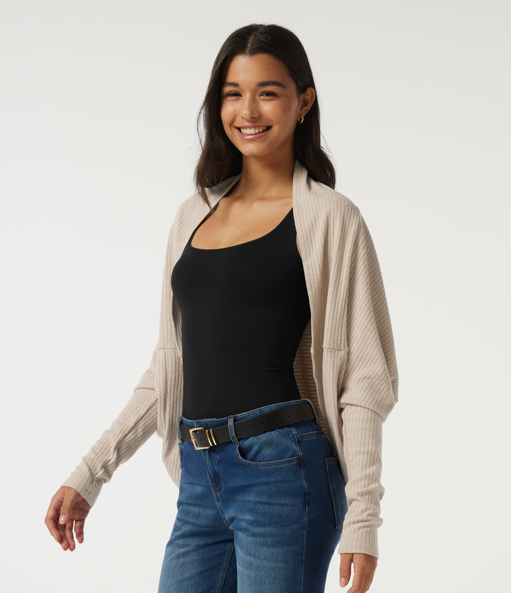 Ribbed Knit Batwing Long Sleeve Curved Hem Casual Cardigan — Fog — view 3