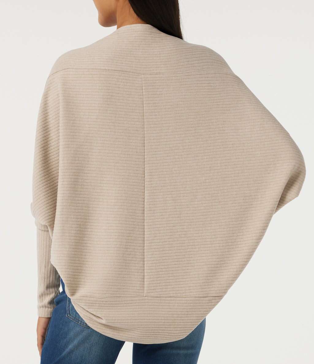 Ribbed Knit Batwing Long Sleeve Curved Hem Casual Cardigan — Fog — view 6
