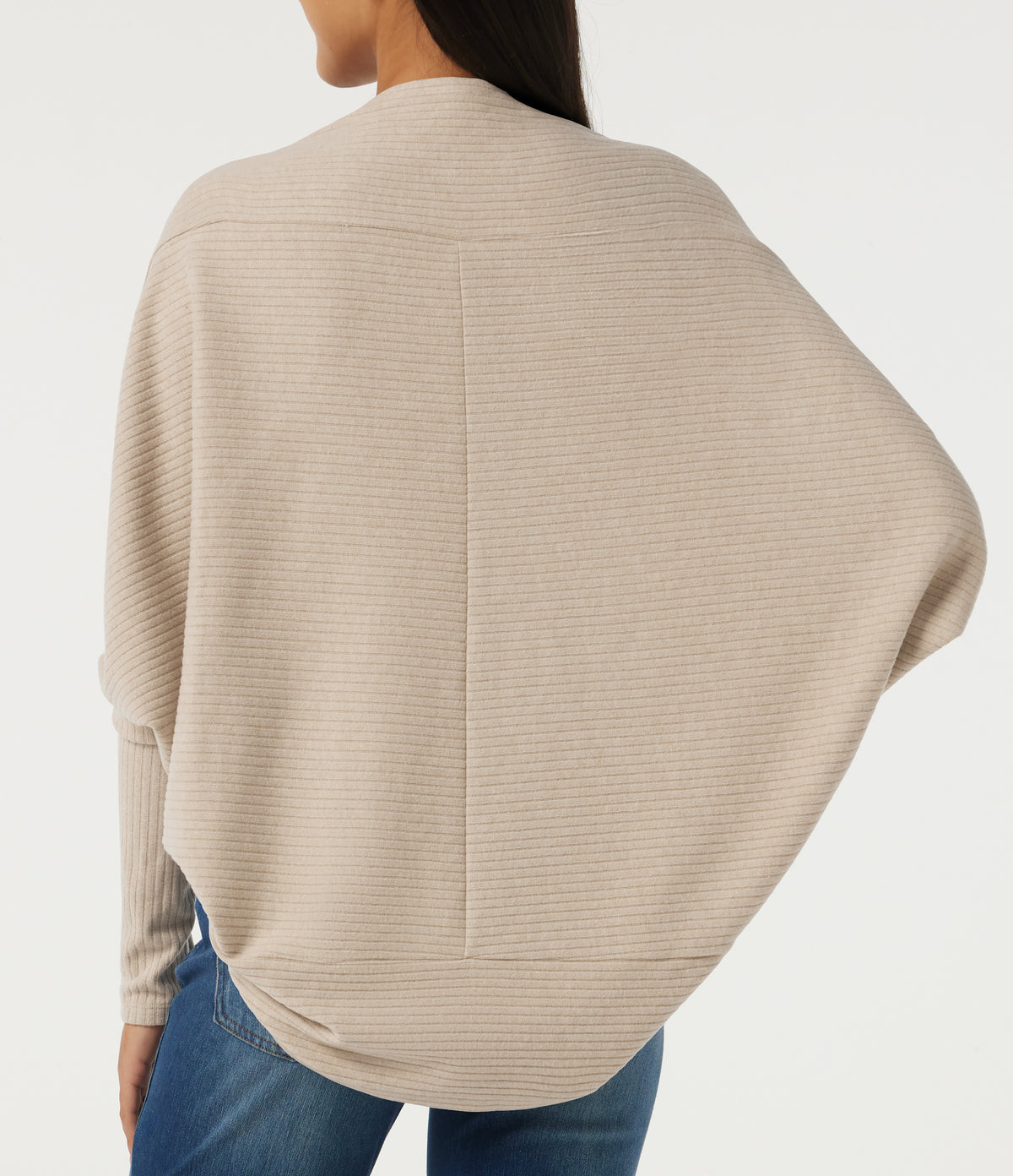 Ribbed Knit Batwing Long Sleeve Curved Hem Casual Cardigan — Fog — view 6