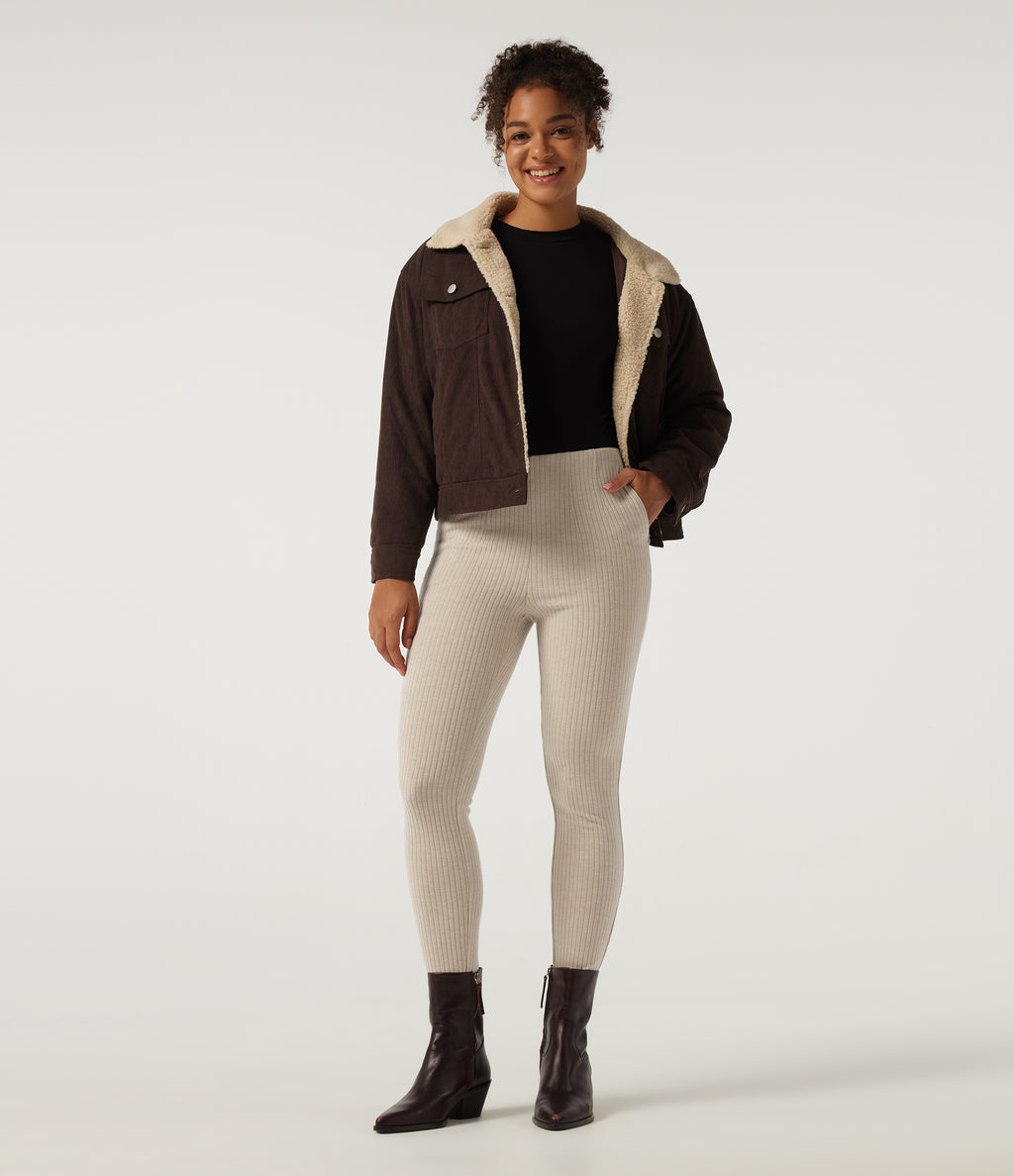 Ribbed Knit High Waisted Skinny Casual Leggings with Pockets — Fog — view 6