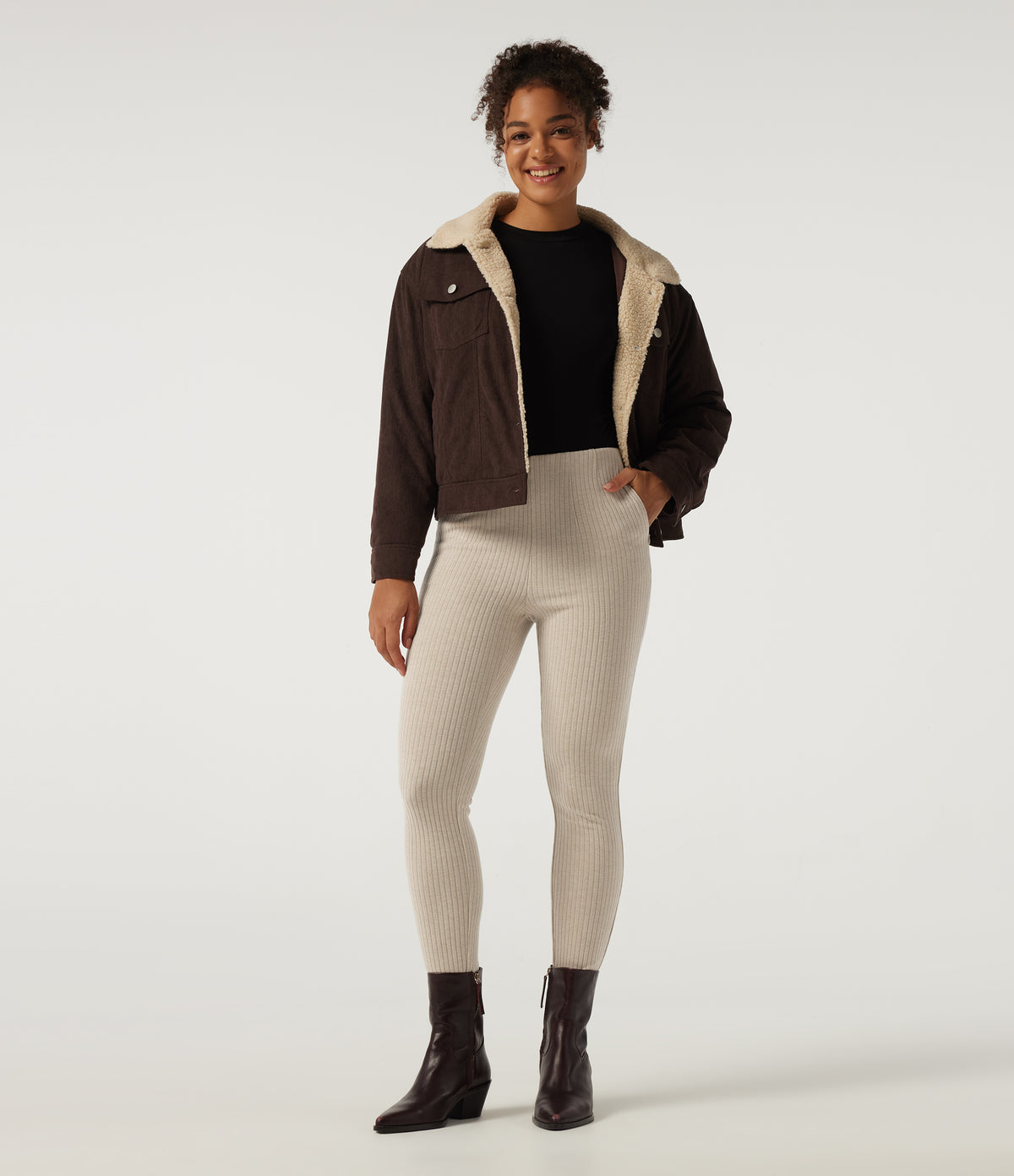 Ribbed Knit High Waisted Skinny Casual Leggings with Pockets — Fog — view 6