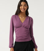 V Neck Puff Long Sleeve Ruched Work Top — Red Violet Floral Yarn — view 1