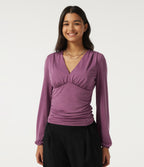 V Neck Puff Long Sleeve Ruched Work Top — Red Violet Floral Yarn — view 4