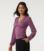 V Neck Puff Long Sleeve Ruched Work Top — Red Violet Floral Yarn — view 3