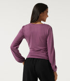 V Neck Puff Long Sleeve Ruched Work Top — Red Violet Floral Yarn — view 2