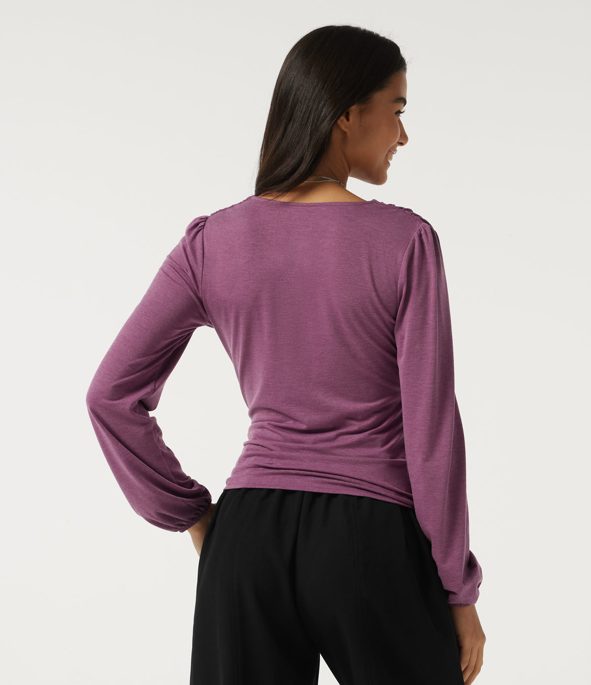 V Neck Puff Long Sleeve Ruched Work Top — Red Violet Floral Yarn — view 2