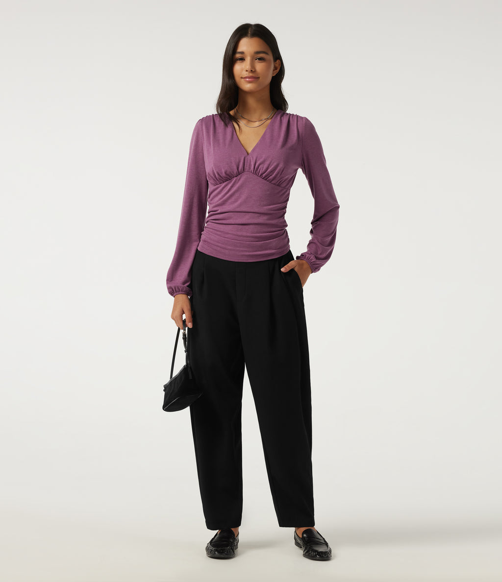 V Neck Puff Long Sleeve Ruched Work Top — Red Violet Floral Yarn — view 7