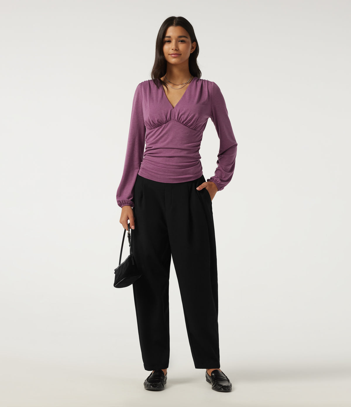 V Neck Puff Long Sleeve Ruched Work Top — Red Violet Floral Yarn — view 7