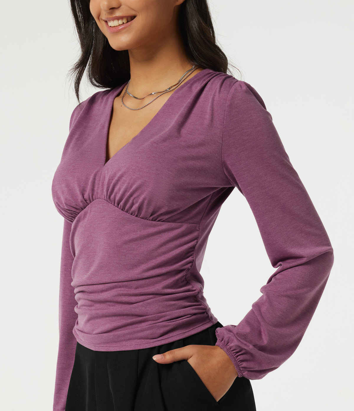 V Neck Puff Long Sleeve Ruched Work Top — Red Violet Floral Yarn — view 5