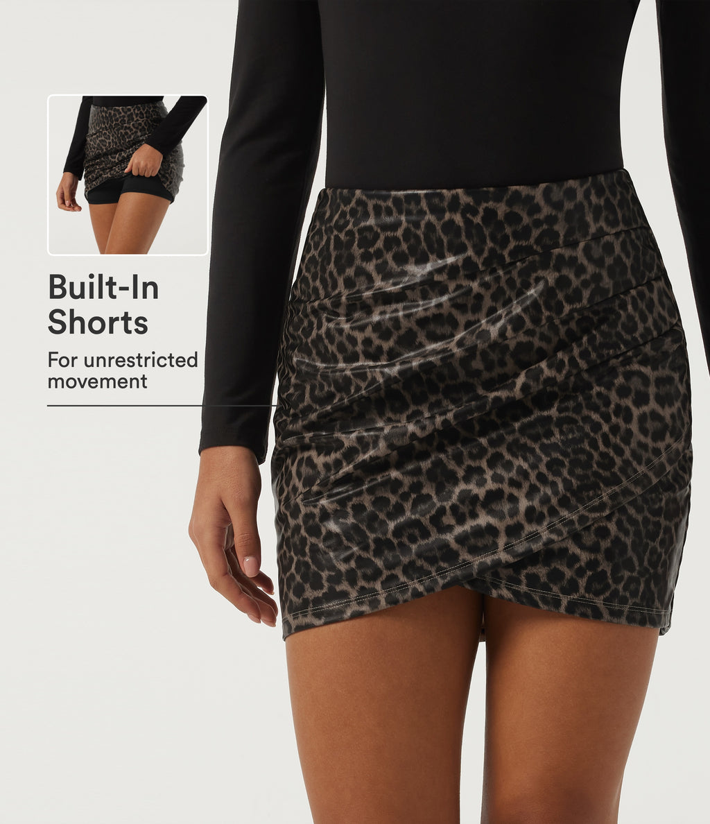 High Waisted Stretchy PU Leopard Print Ruched Casual Mini Skirt with Built-in Shorts — Cozy Feline — view 1