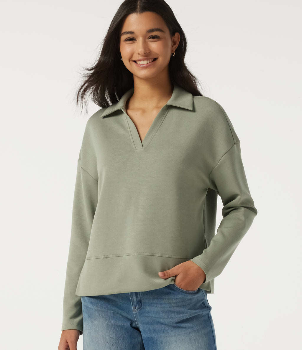 SpacerTek Lapel Long Sleeve Slit Hem Casual Sweatshirt — Asparagus — view 1