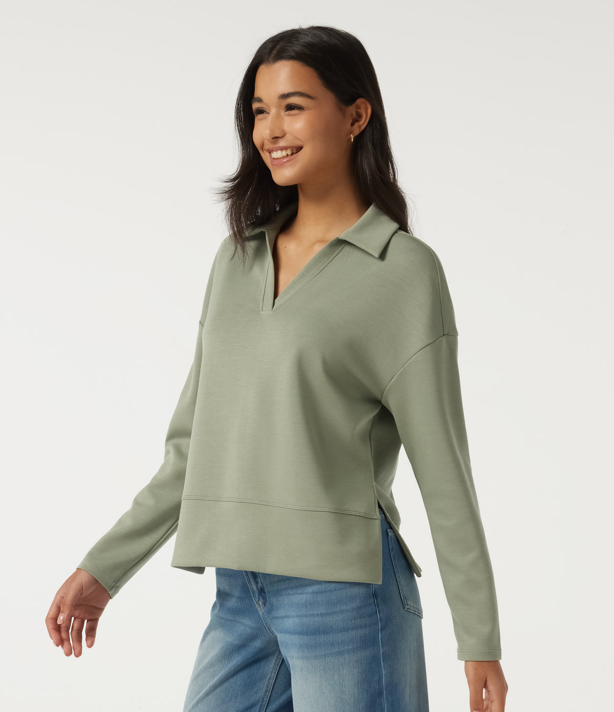 SpacerTek Lapel Long Sleeve Slit Hem Casual Sweatshirt — Asparagus — view 3