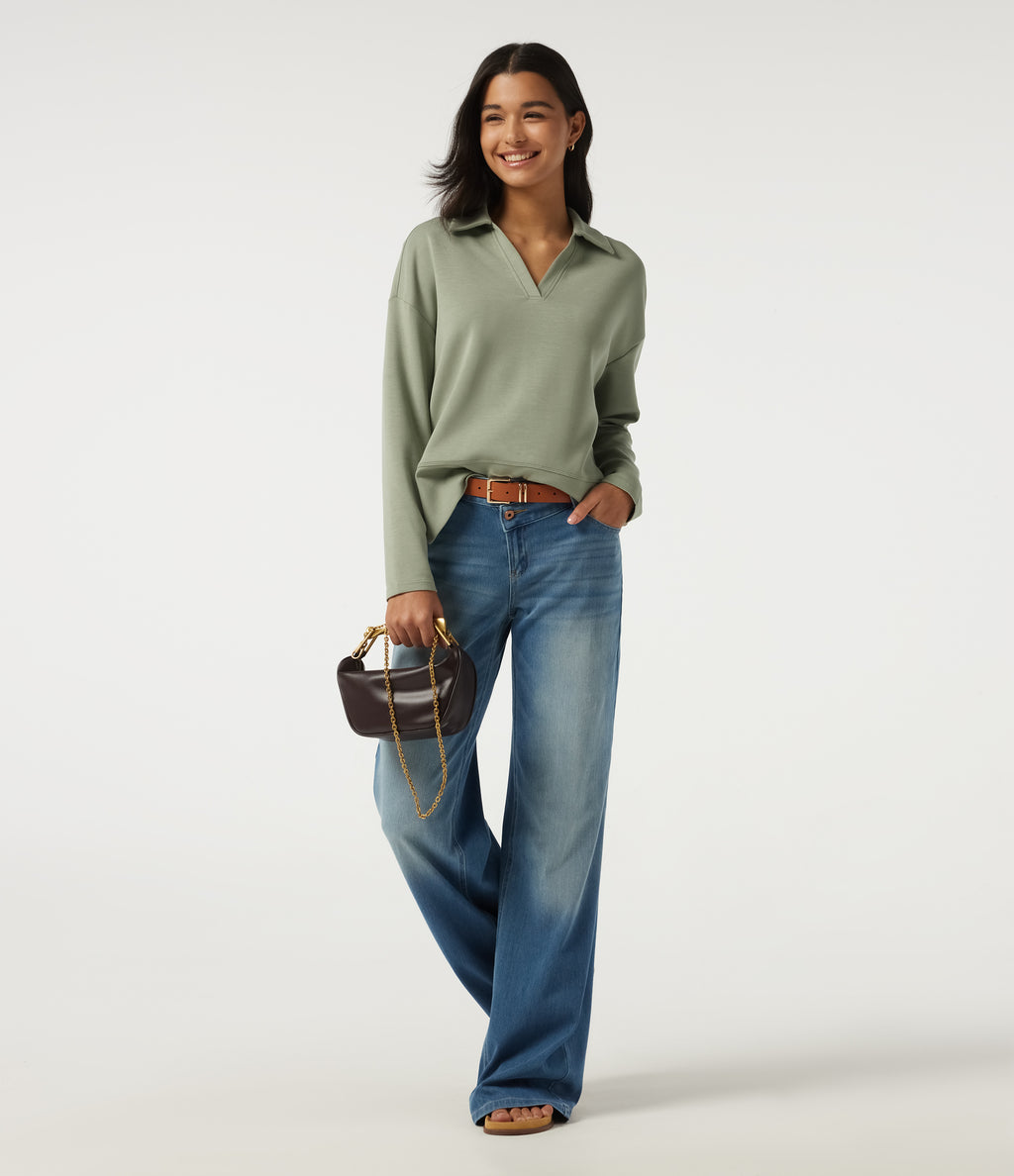 SpacerTek Lapel Long Sleeve Slit Hem Casual Sweatshirt — Asparagus — view 8