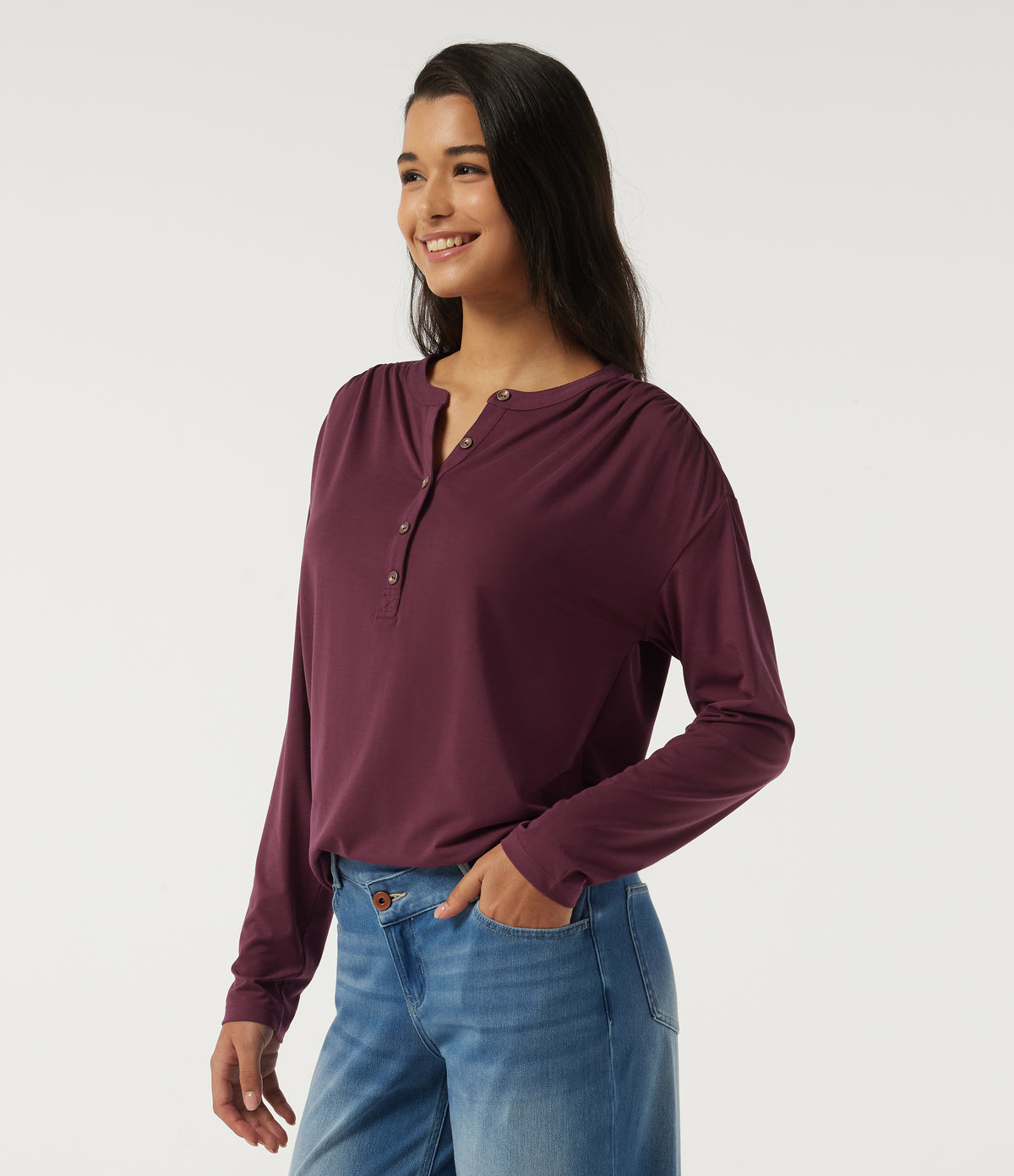 Henley Neck Long Sleeve Ruched Quick Dry Work Top — Tibetan Red — view 3
