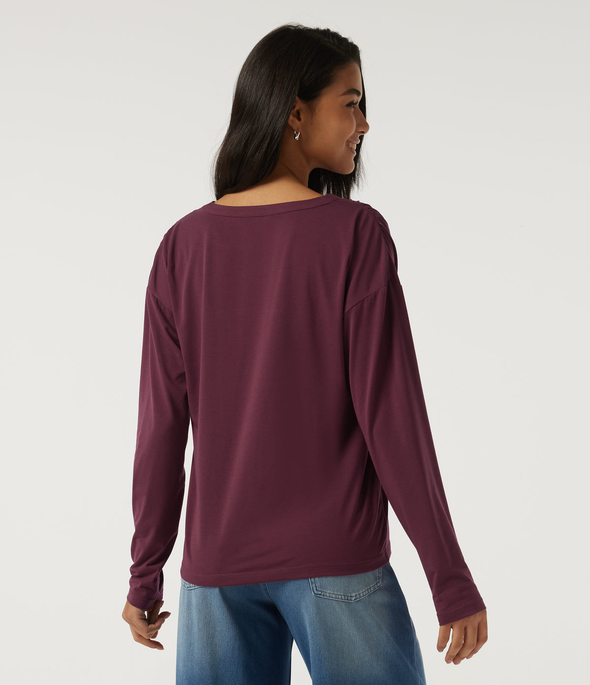 Henley Neck Long Sleeve Ruched Quick Dry Work Top — Tibetan Red — view 2