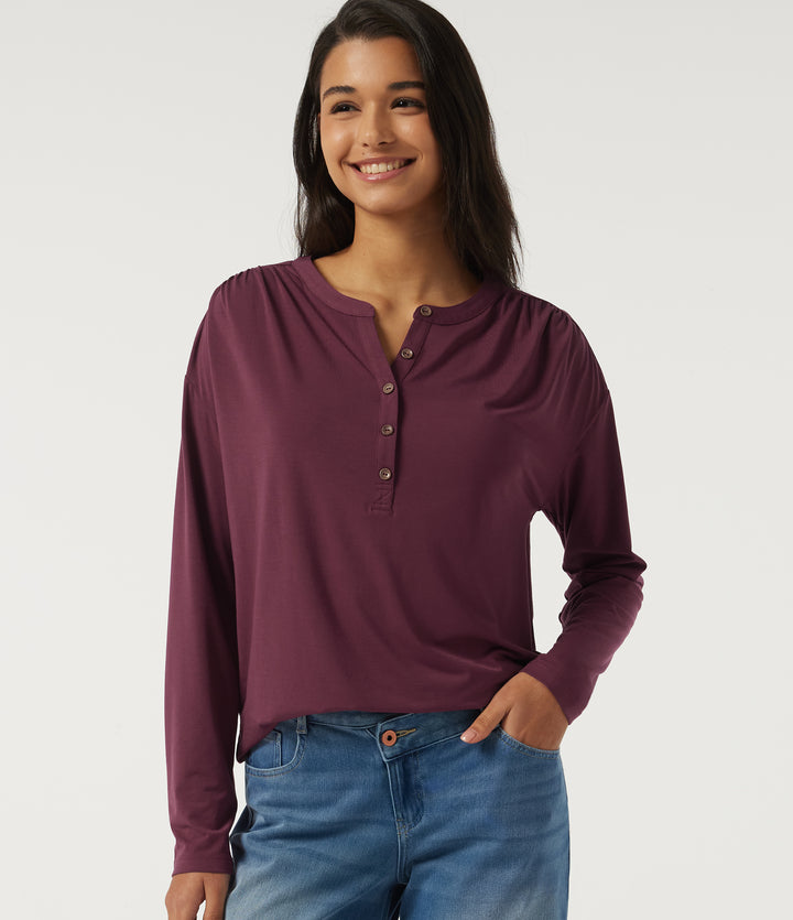 Henley Neck Long Sleeve Ruched Quick Dry Work Top — Tibetan Red — view 1