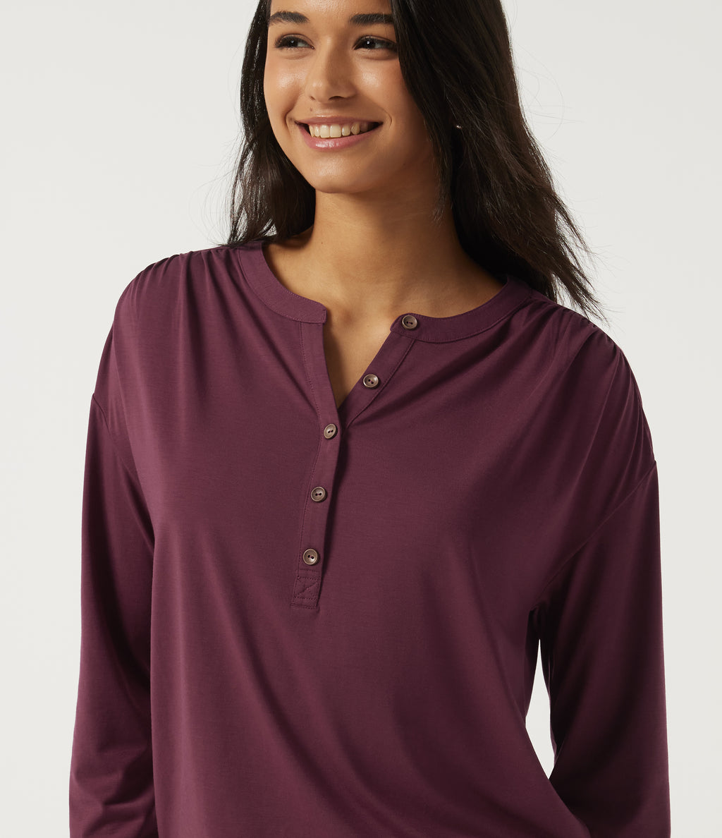 Henley Neck Long Sleeve Ruched Quick Dry Work Top — Tibetan Red — view 5