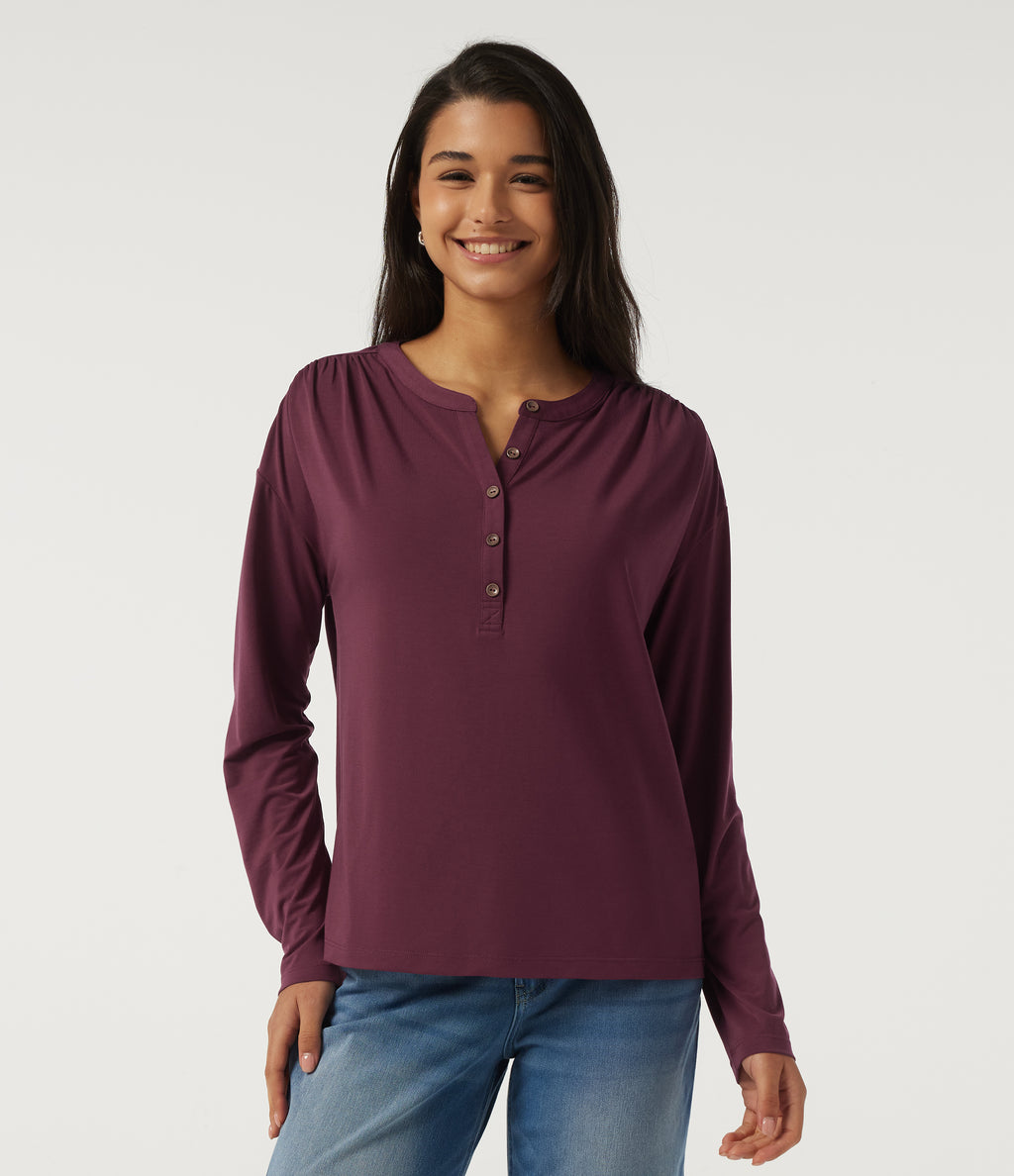 Henley Neck Long Sleeve Ruched Quick Dry Work Top — Tibetan Red — view 4