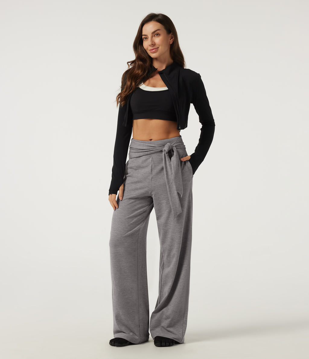Mid Rise Straight Leg Tie Front Wrapped Yoga Trousers with Pockets — Mottled Earth Gray — view 7