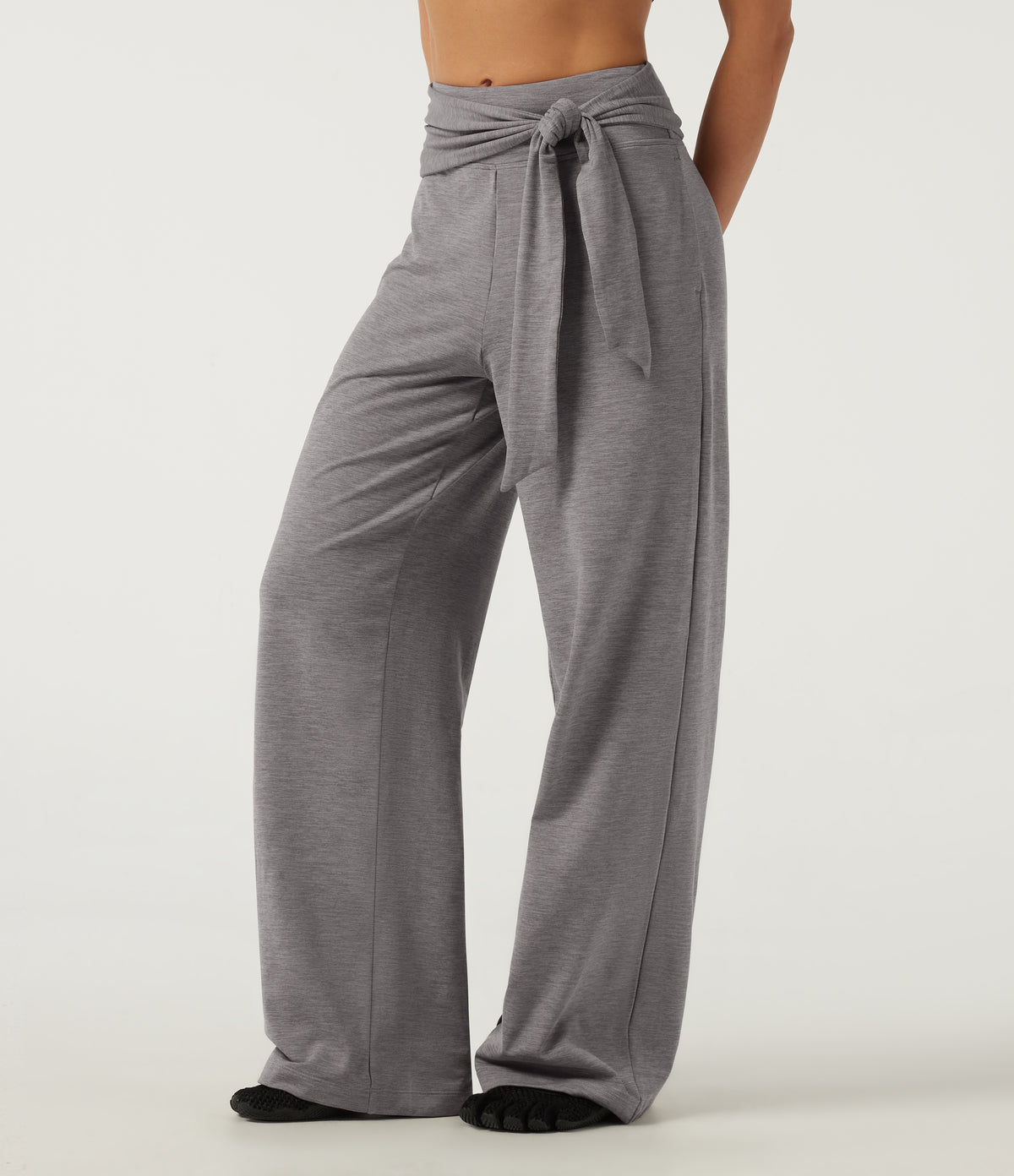 Mid Rise Straight Leg Tie Front Wrapped Yoga Trousers with Pockets — Mottled Earth Gray — view 3