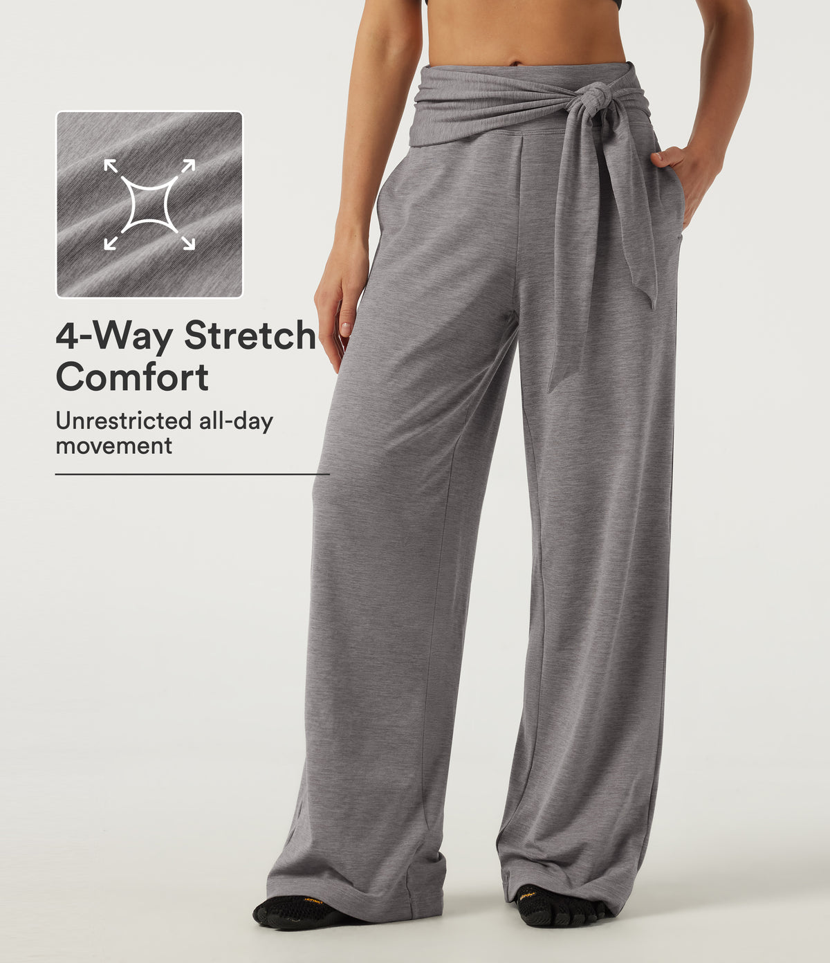 Mid Rise Straight Leg Tie Front Wrapped Yoga Trousers with Pockets — Mottled Earth Gray — view 1