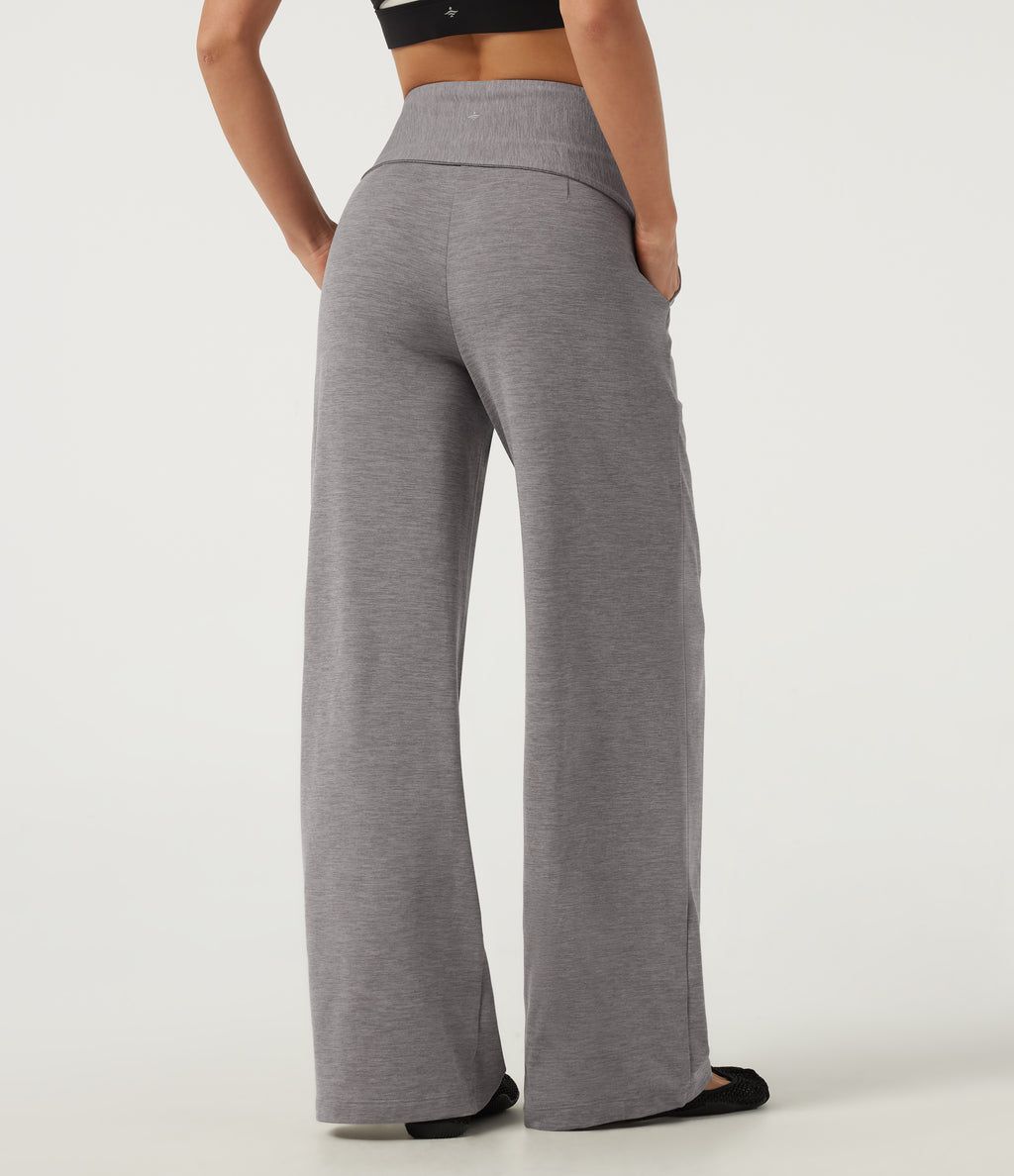 Mid Rise Straight Leg Tie Front Wrapped Yoga Trousers with Pockets — Mottled Earth Gray — view 2