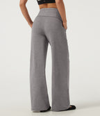 Mid Rise Straight Leg Tie Front Wrapped Yoga Trousers with Pockets — Mottled Earth Gray — view 2