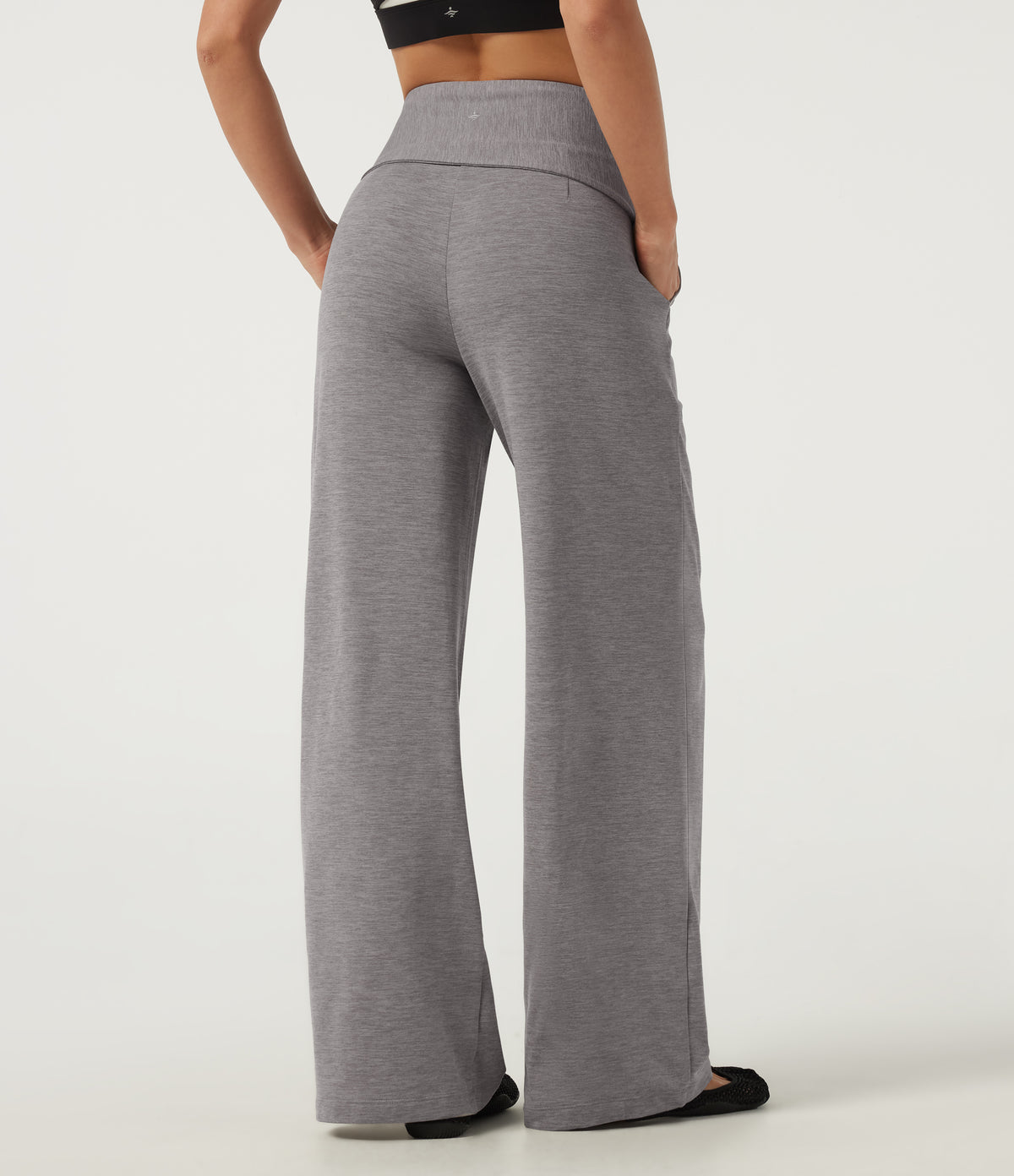 Mid Rise Straight Leg Tie Front Wrapped Yoga Trousers with Pockets — Mottled Earth Gray — view 2