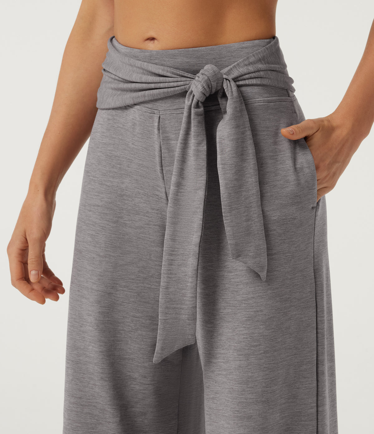 Mid Rise Straight Leg Tie Front Wrapped Yoga Trousers with Pockets — Mottled Earth Gray — view 4