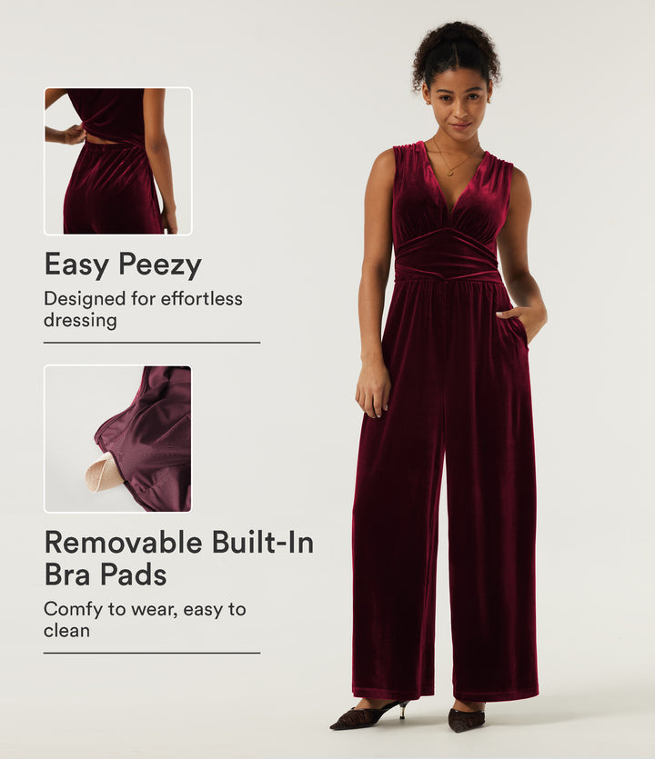 V Neck Ruched Wide Leg Velvet Party Jumpsuit with Built-in Bra and Pockets -Edition — Sangria — view 1