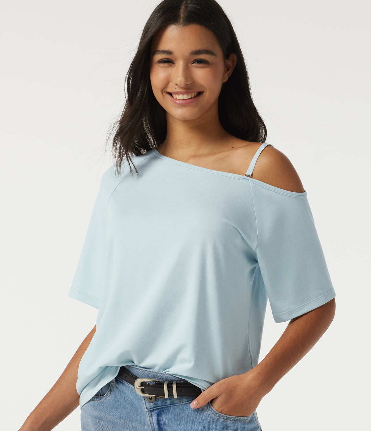 One Shoulder Raglan Short Sleeve Casual T-Shirt — Daybreak Tide — view 1