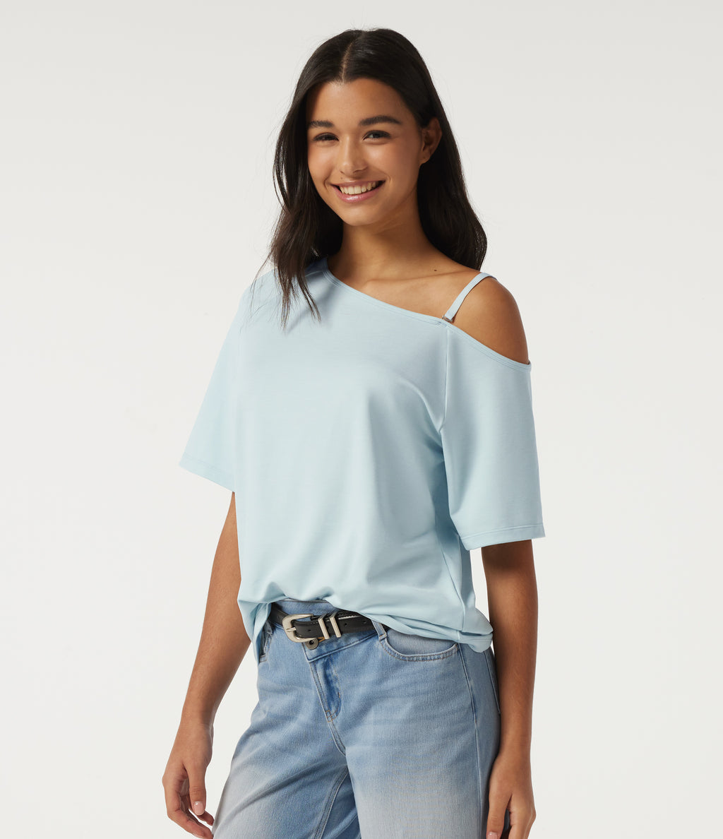 One Shoulder Raglan Short Sleeve Casual T-Shirt — Daybreak Tide — view 3