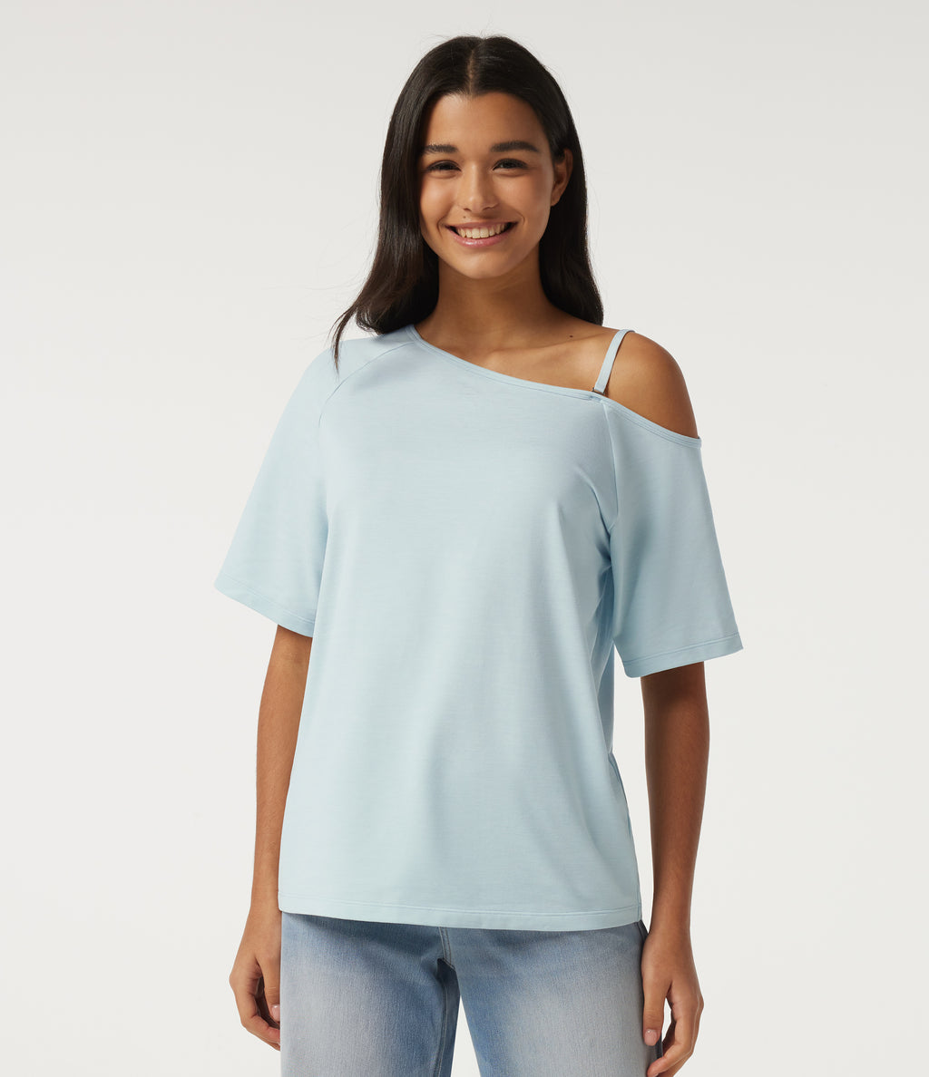 One Shoulder Raglan Short Sleeve Casual T-Shirt — Daybreak Tide — view 4