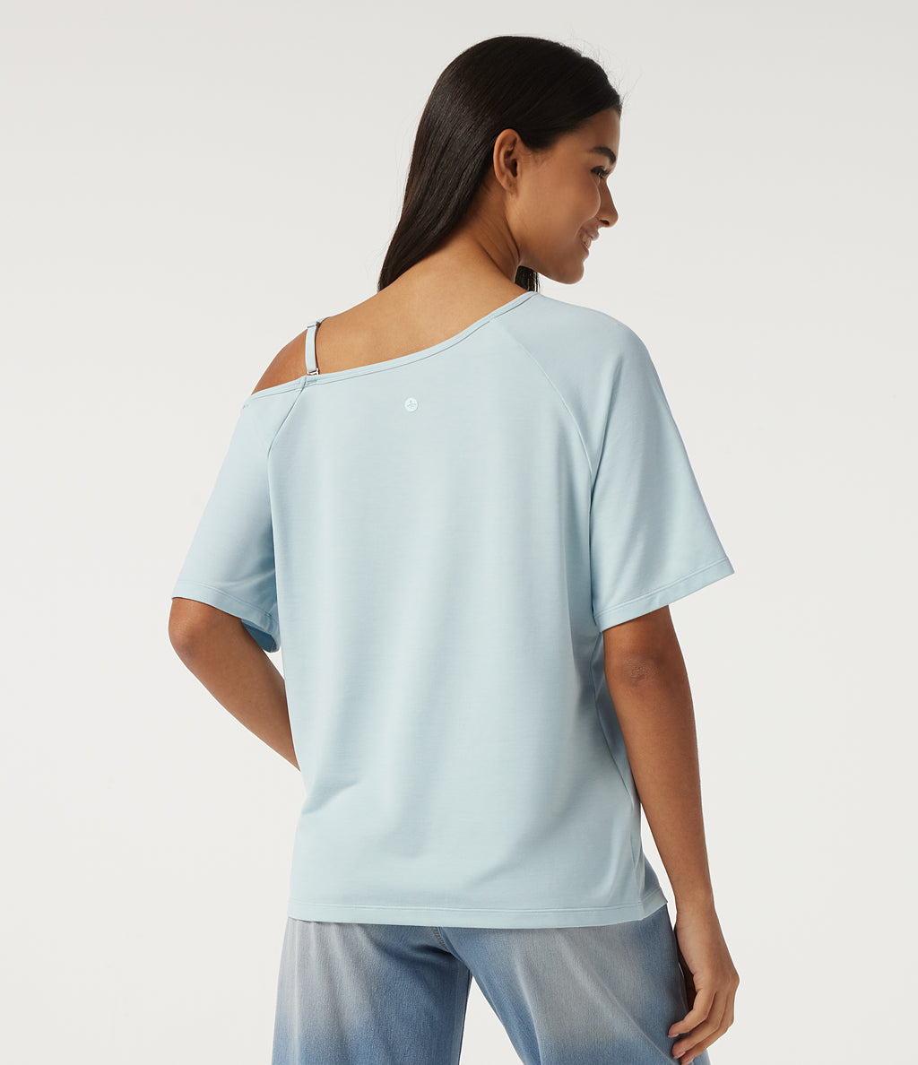 One Shoulder Raglan Short Sleeve Casual T-Shirt — Daybreak Tide — view 2