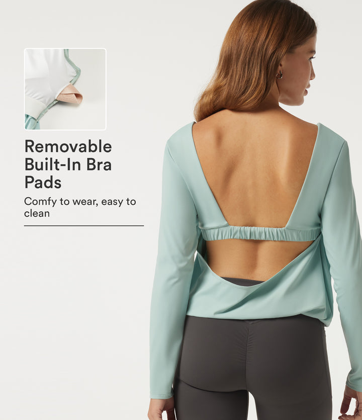 Airy Diamond Collar Long Sleeve Cut Out Back Yoga Sports Top with Built-in Bra — Ether — view 1