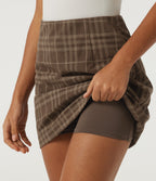 High Waisted Plaid 2-in-1 A-Line Corduroy Mini Casual Skirt — Cocoa Tartan — view 4