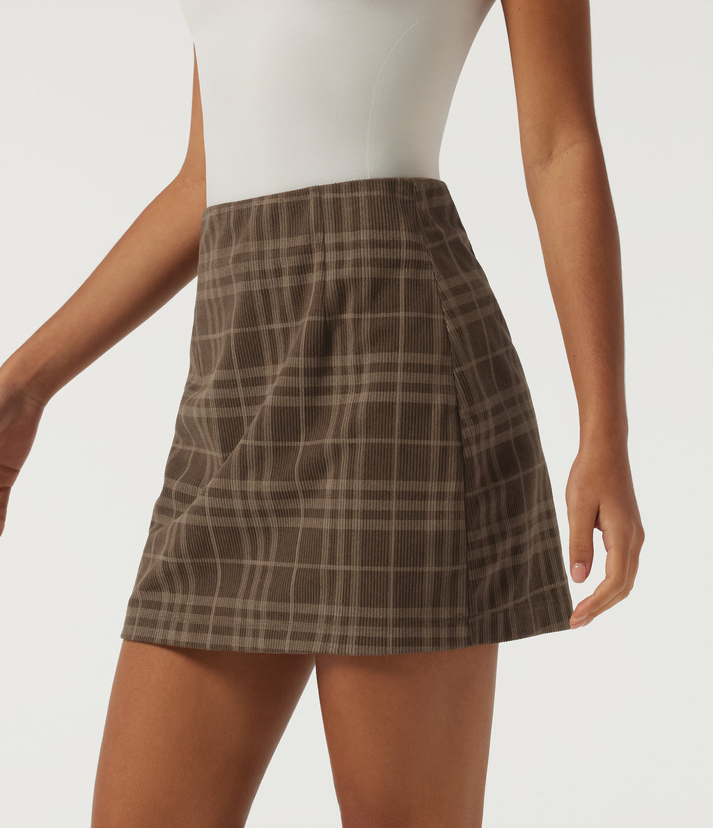 High Waisted Plaid 2-in-1 A-Line Corduroy Mini Casual Skirt — Cocoa Tartan — view 3