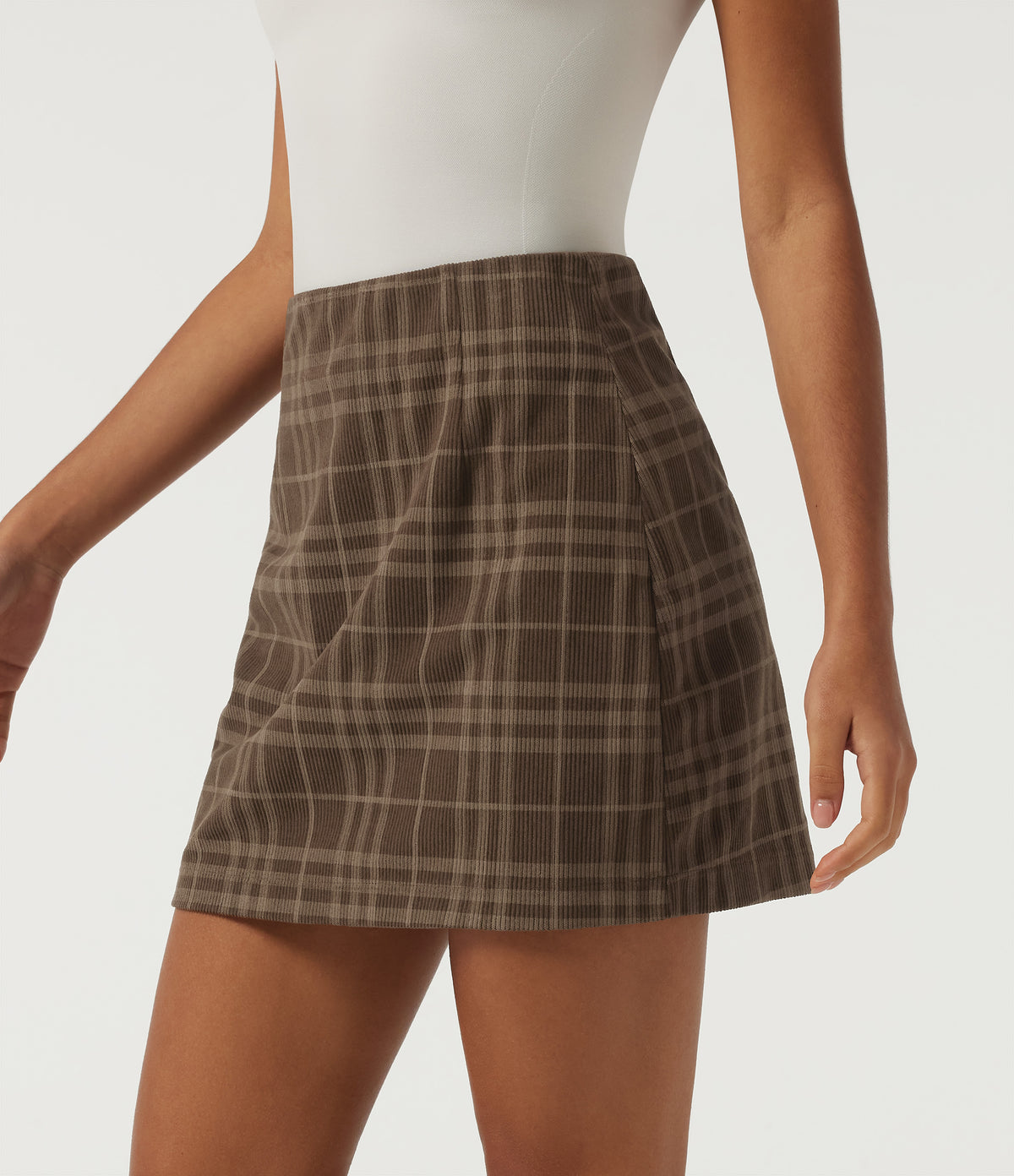 High Waisted Plaid 2-in-1 A-Line Corduroy Mini Casual Skirt — Cocoa Tartan — view 3