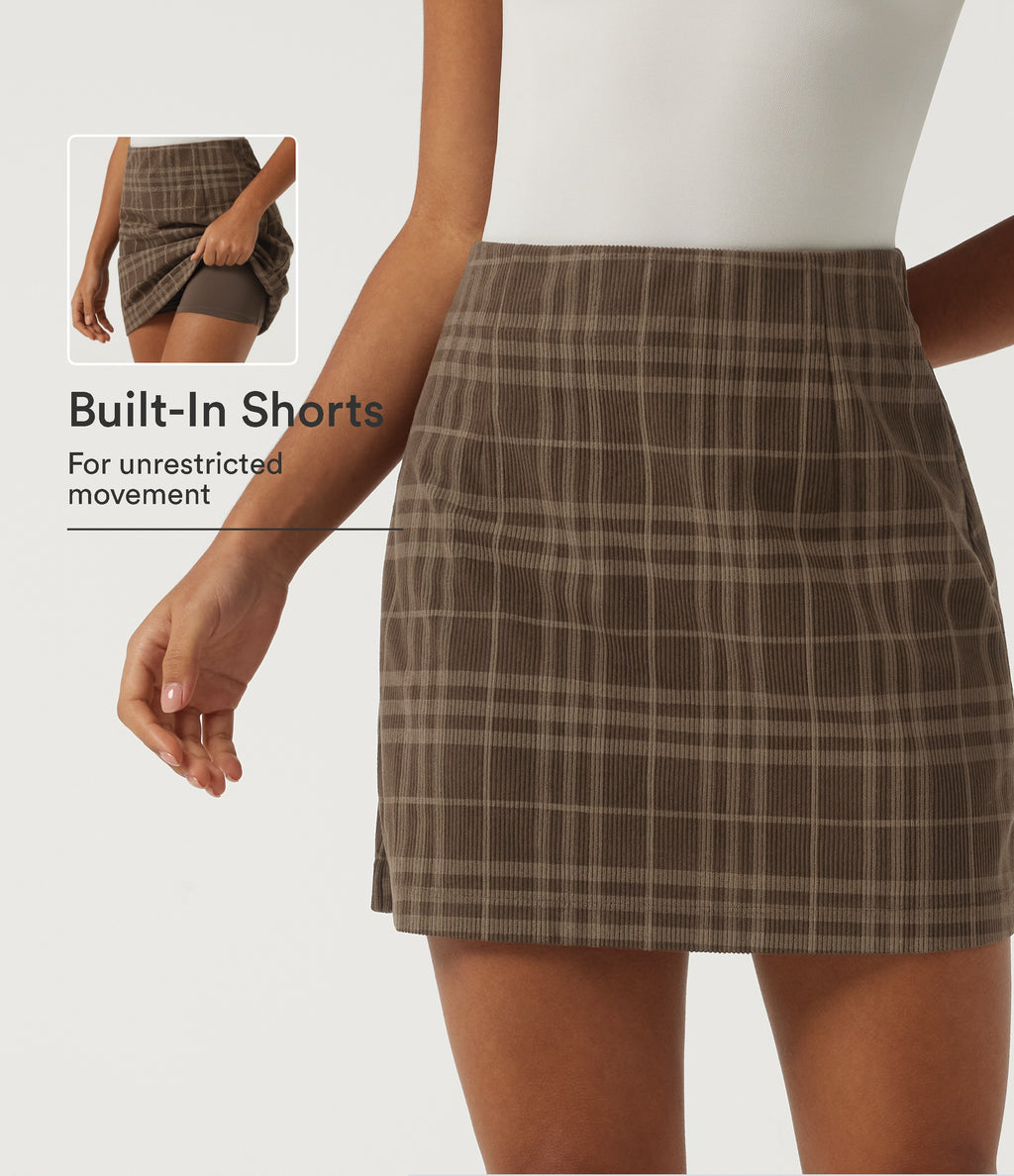High Waisted Plaid 2-in-1 A-Line Corduroy Mini Casual Skirt — Cocoa Tartan — view 1