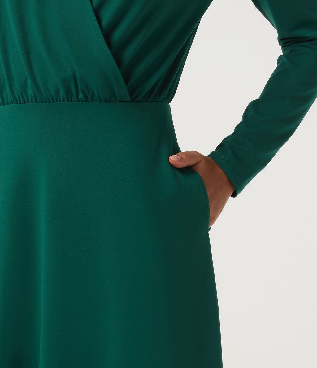 V Neck Long Sleeve Crossover A-Line Work Midi Dress with Pockets — Rain Forest — view 7