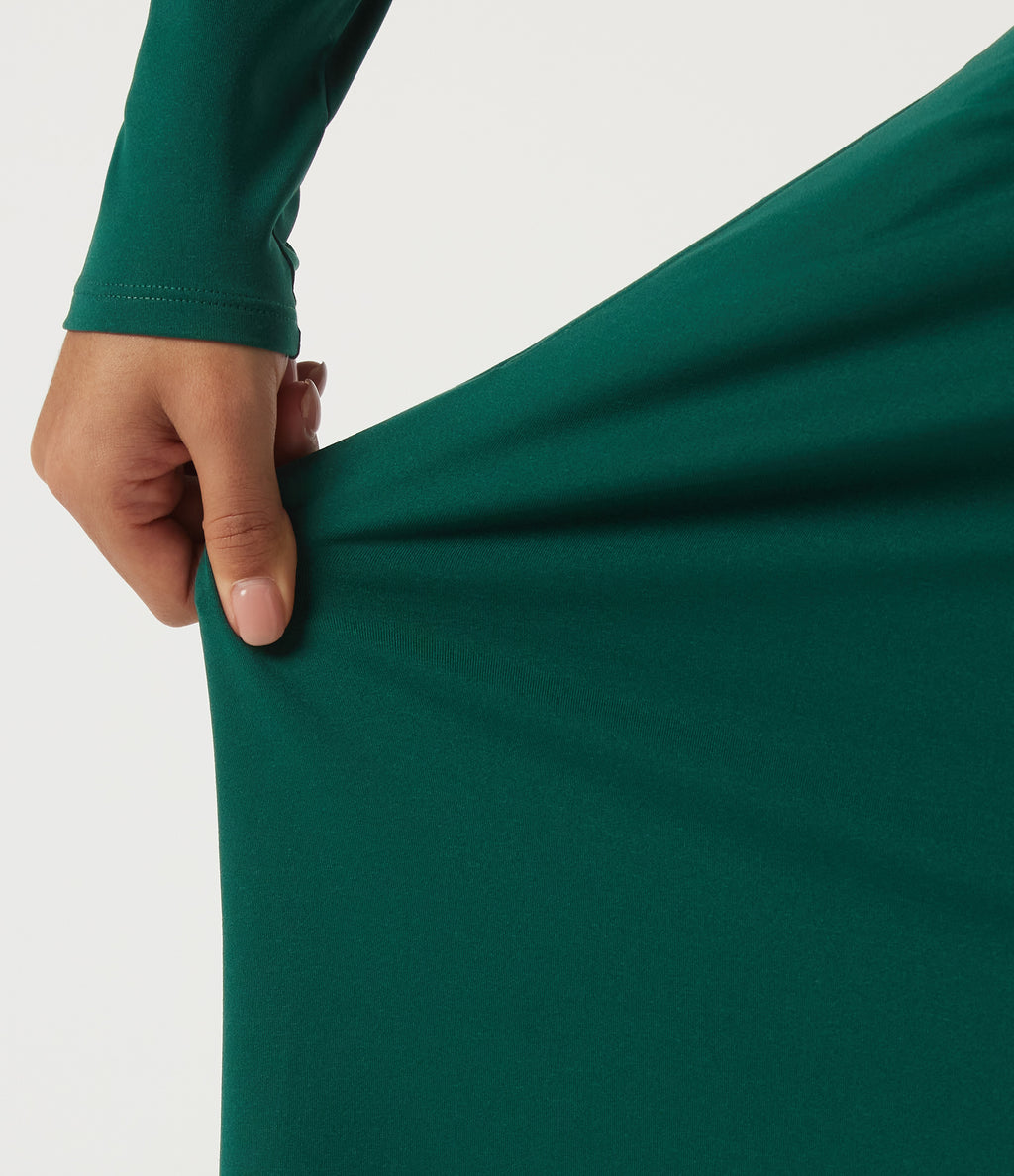 V Neck Long Sleeve Crossover A-Line Work Midi Dress with Pockets — Rain Forest — view 8
