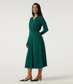 V Neck Long Sleeve Crossover A-Line Work Midi Dress with Pockets — Rain Forest — view 3