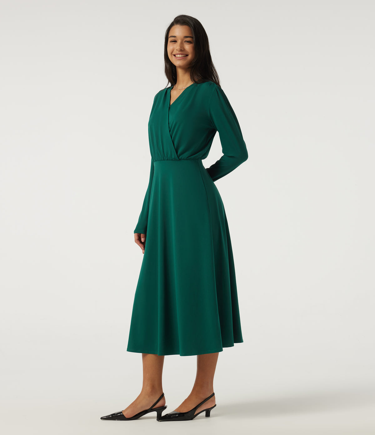 V Neck Long Sleeve Crossover A-Line Work Midi Dress with Pockets — Rain Forest — view 3