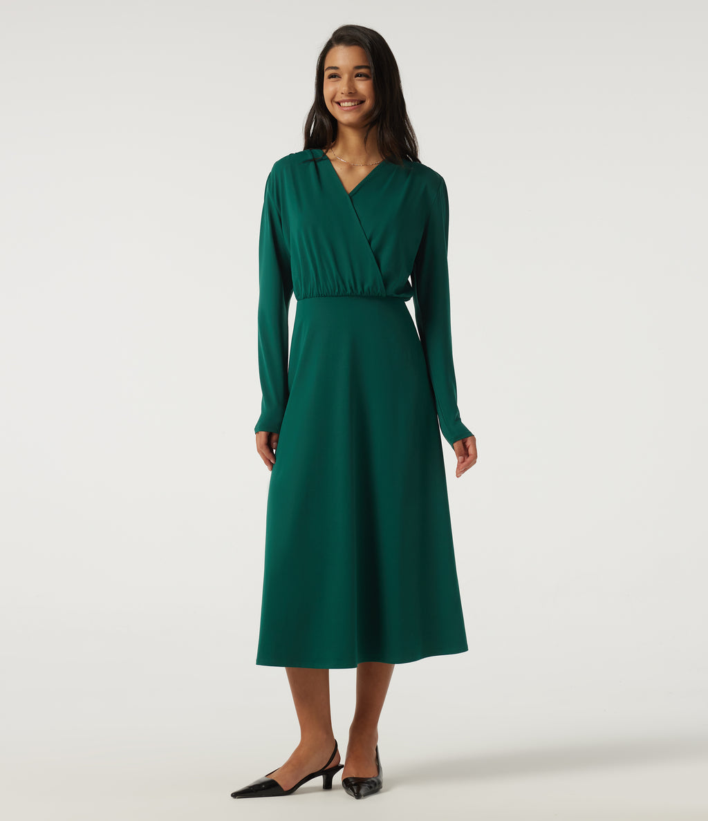 V Neck Long Sleeve Crossover A-Line Work Midi Dress with Pockets — Rain Forest — view 1