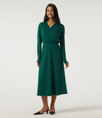 V Neck Long Sleeve Crossover A-Line Work Midi Dress with Pockets — Rain Forest — view 1
